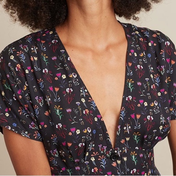 Marine Layer Isabella Button Front V-Neck Retro Midi Dress in Black Floral Print - Picture 3 of 16